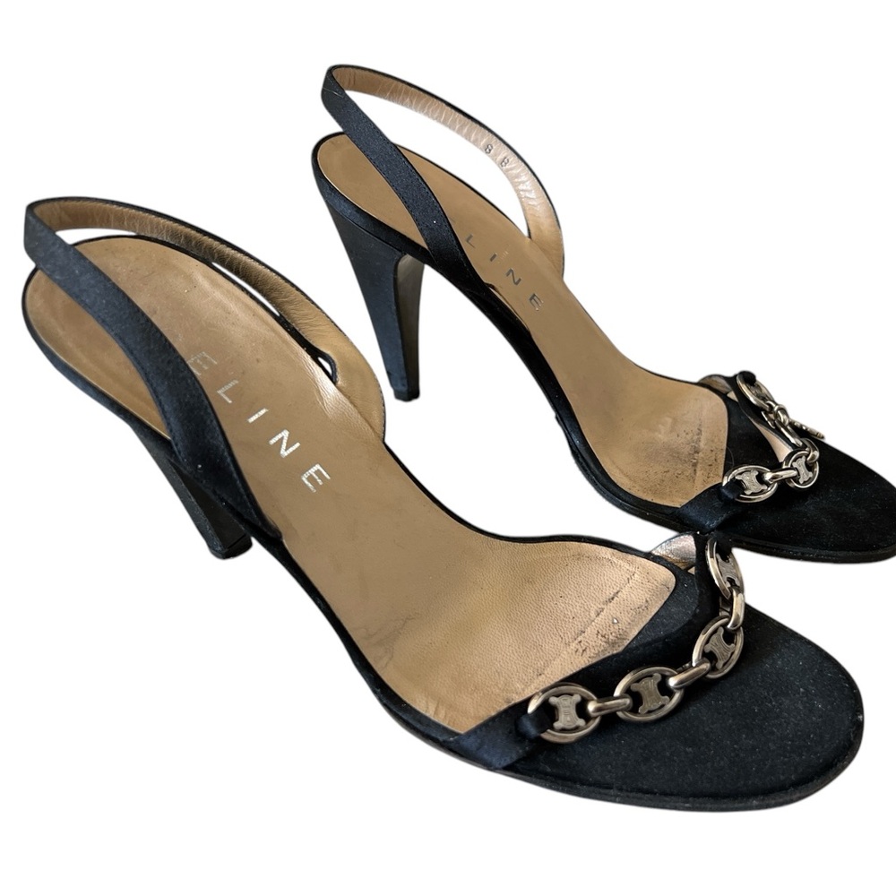 Celine black satin slingback heels shoes 4” high silver chain accent GUC slip on
